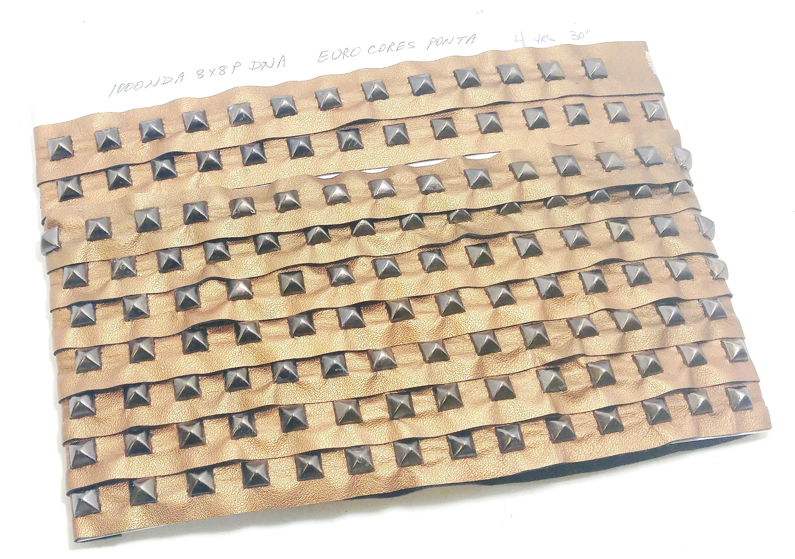 1 YD of 1" wide Genuine Cowhide Leather Trim with Square Pyramid Nailheads edge binding; top stitch; Euro Cores Ponta Bronze 3725XDA