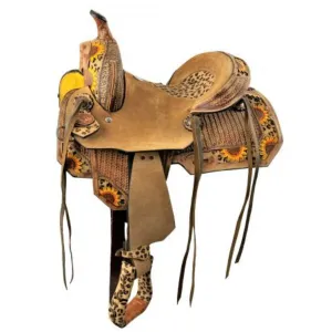 10"  DOUBLE T YOUTH HARD SEAT BARREL STYLE SADDLE WITH CHEETAH SEAT AND SUNFLOWER PAINTED ACCENTS