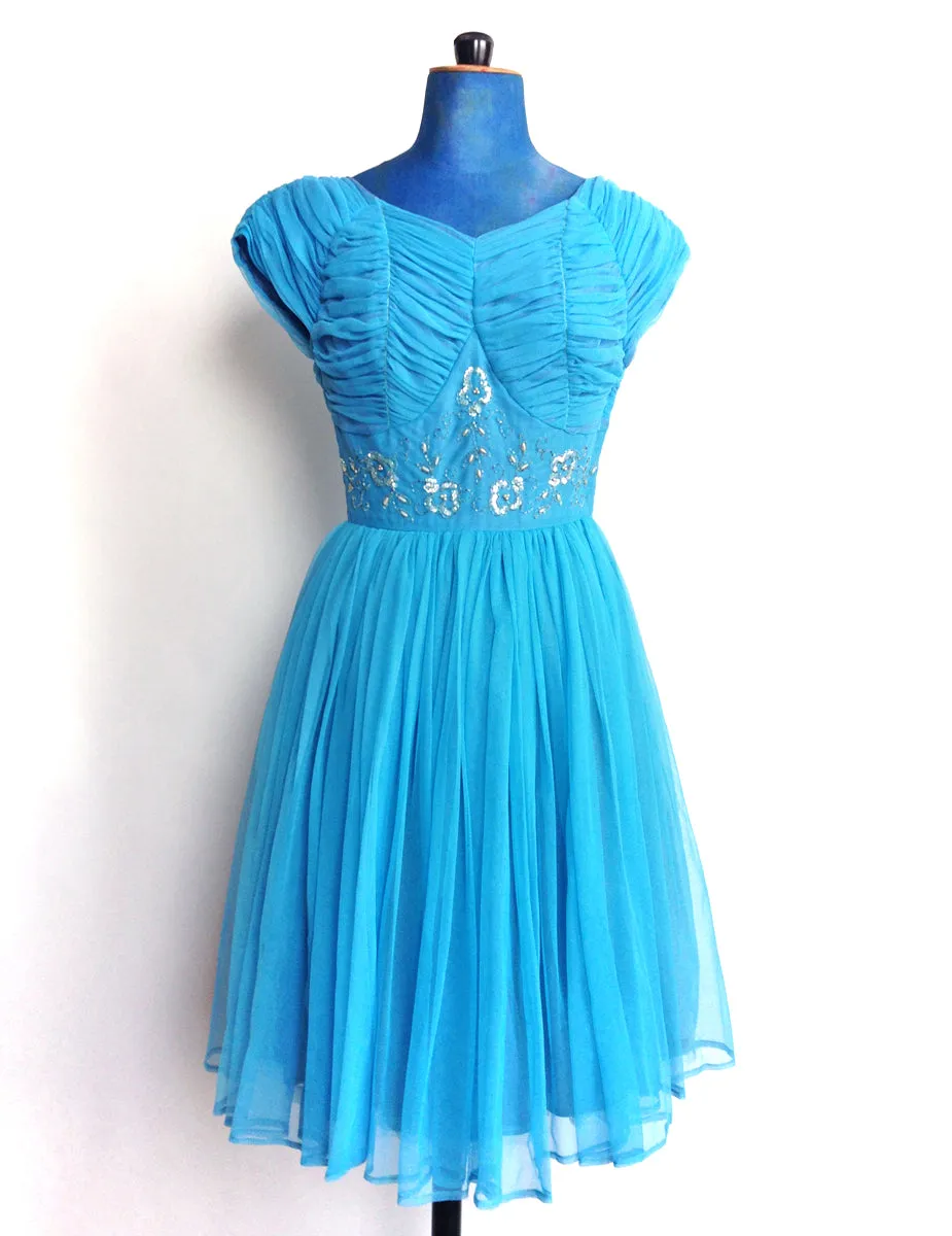 1950s Party Dress Blue Tulle Beaded