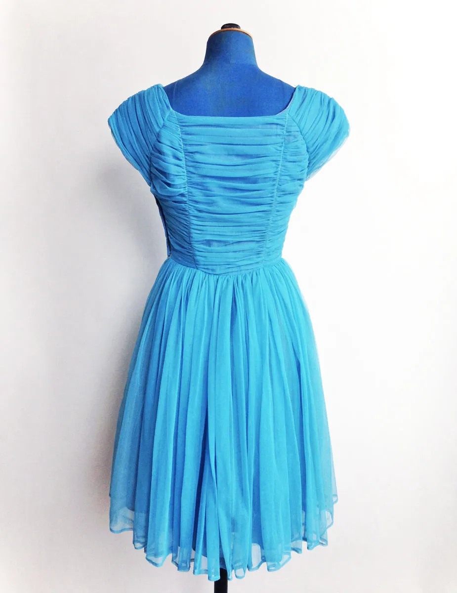 1950s Party Dress Blue Tulle Beaded