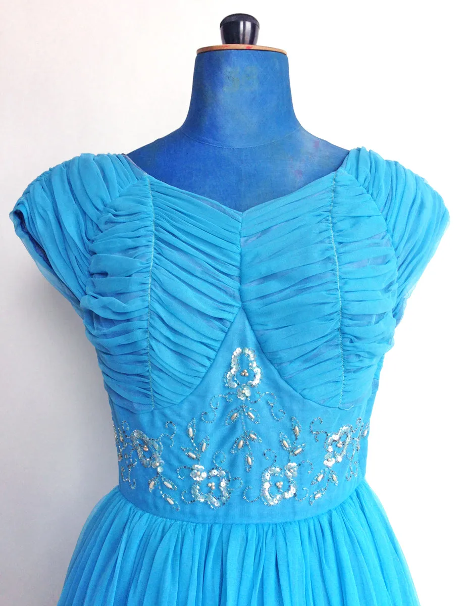 1950s Party Dress Blue Tulle Beaded