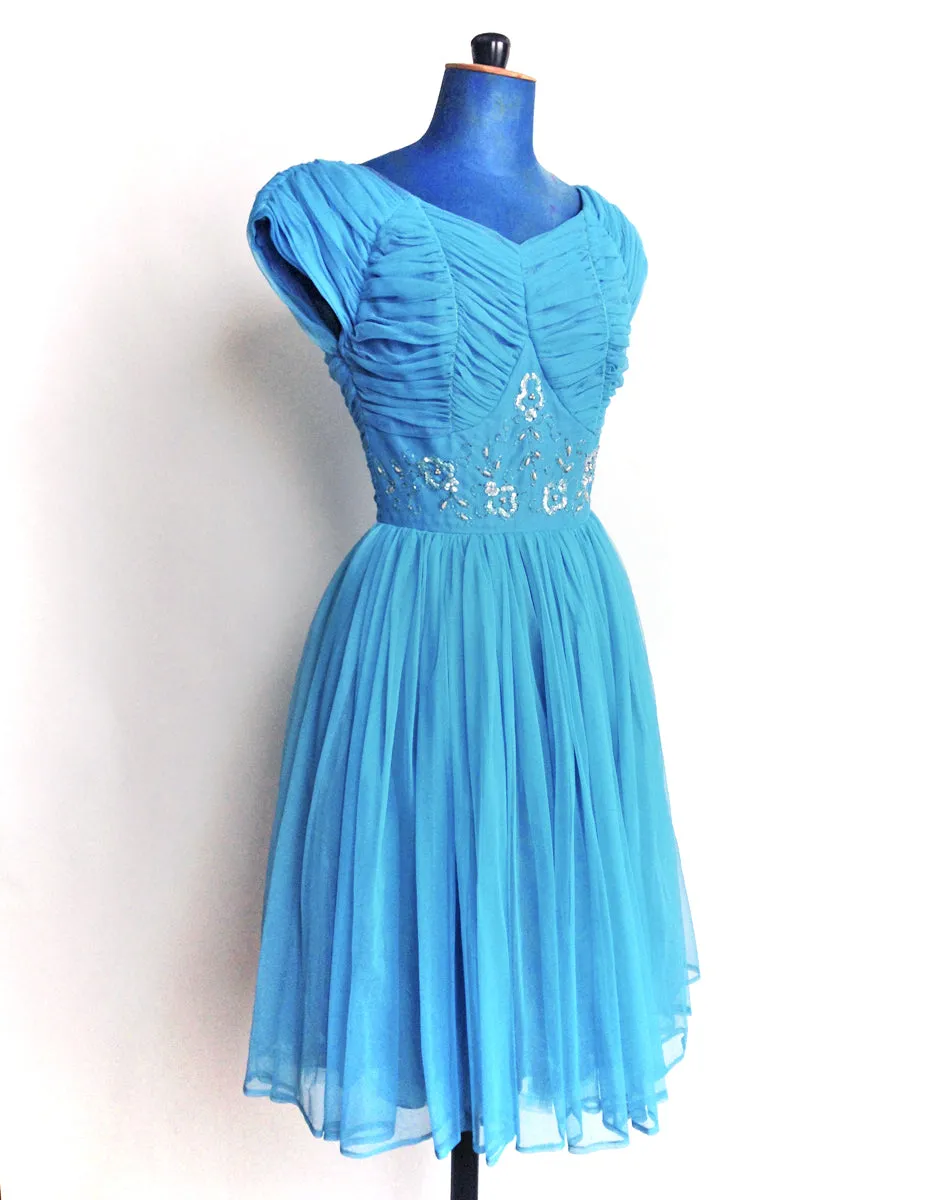 1950s Party Dress Blue Tulle Beaded
