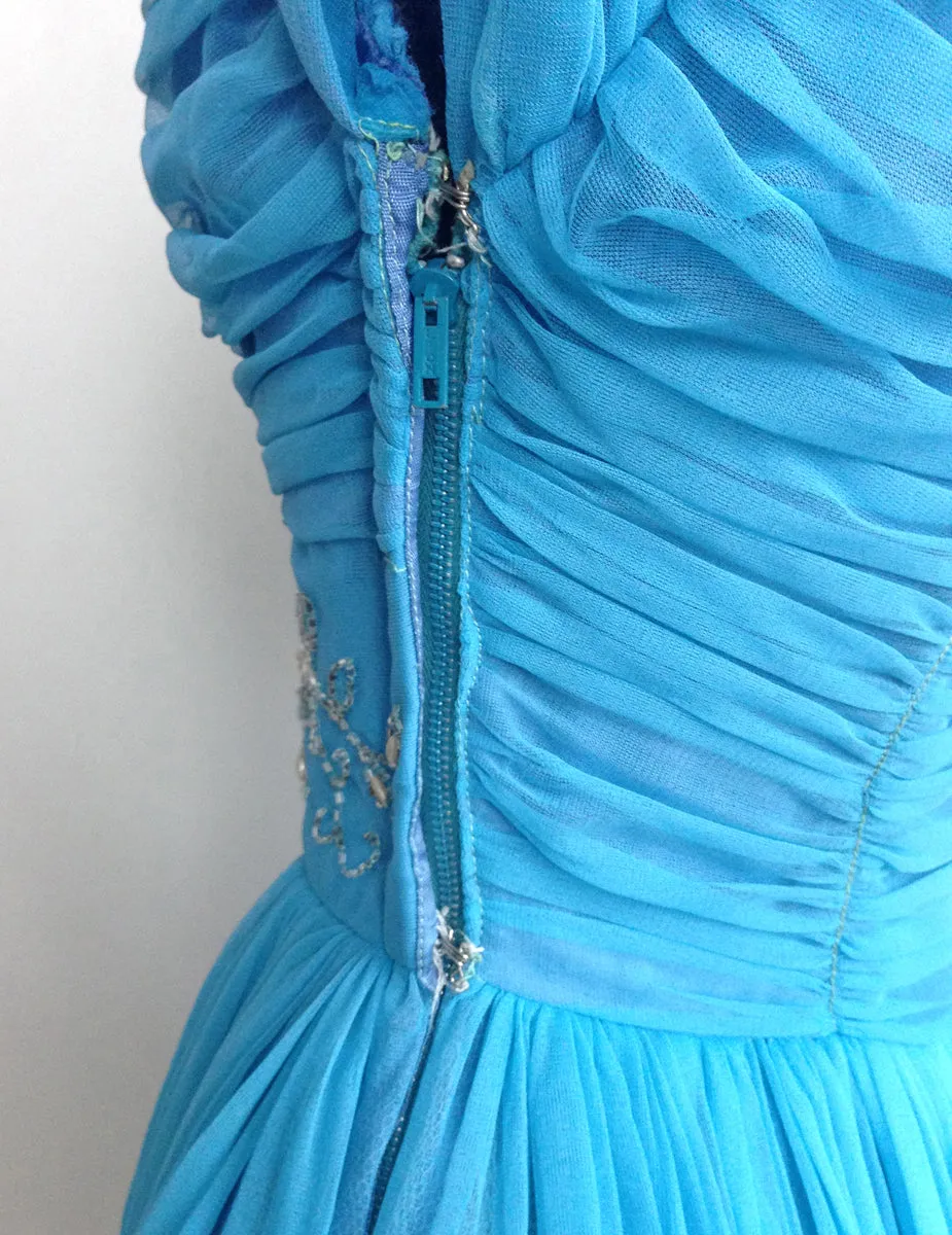 1950s Party Dress Blue Tulle Beaded