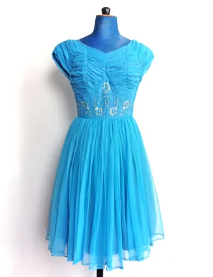 1950s Party Dress Blue Tulle Beaded