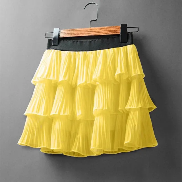 2020 Summer Women Elasticity Waist Mini Skirt Ladies Chiffon Skirt Ladies Casual Cake Skirts Black White Femme Pleated Skirts