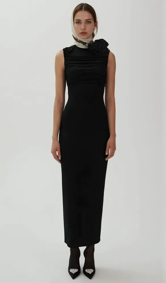 ADORA FLOWER EMBELLISHED RUCHED MIDI DRESS IN BLACK