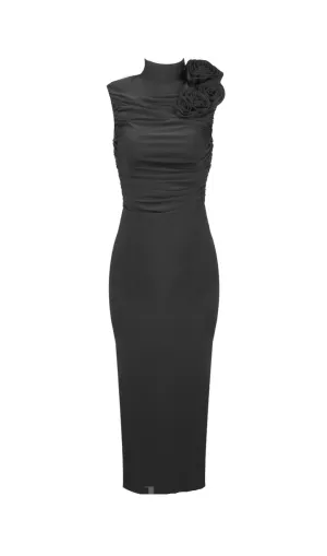 ADORA FLOWER EMBELLISHED RUCHED MIDI DRESS IN BLACK