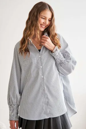 Adora Striped High-Low Smocked Lantern Sleeve Shirt