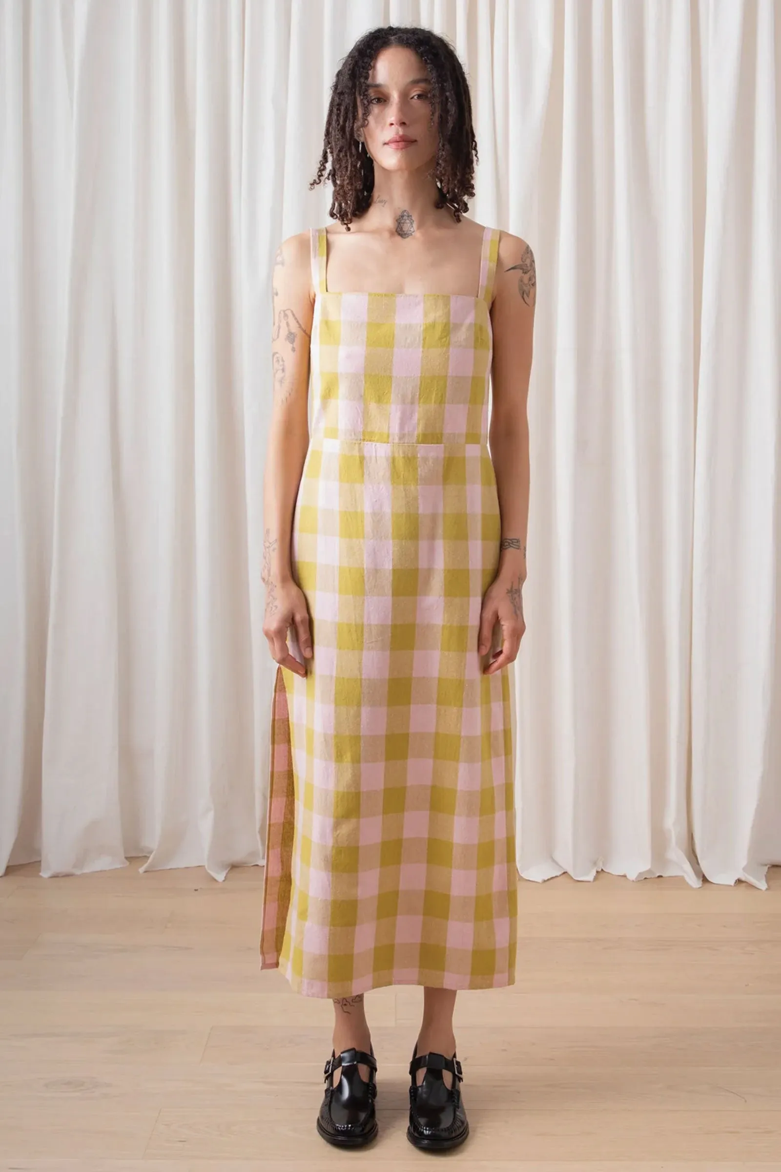 Ali Golden Column Dress in Chartreuse/Pink