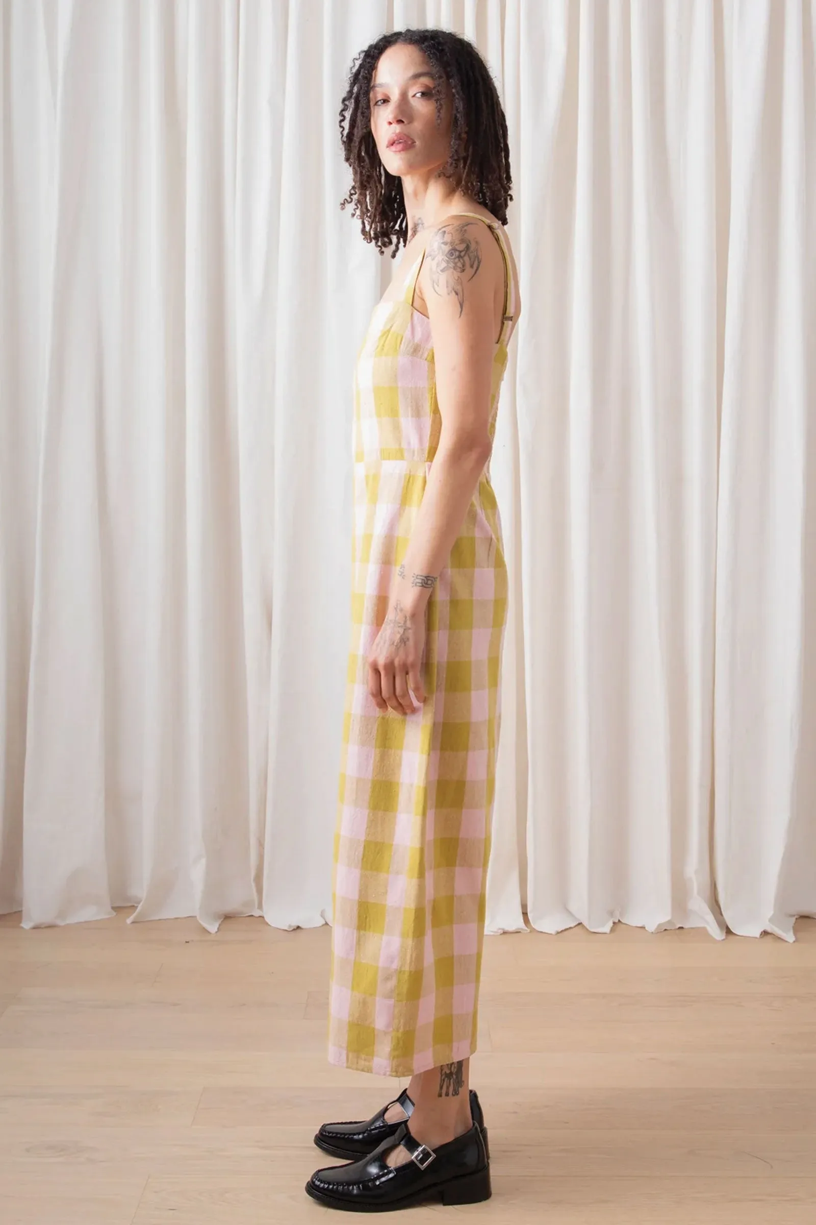 Ali Golden Column Dress in Chartreuse/Pink