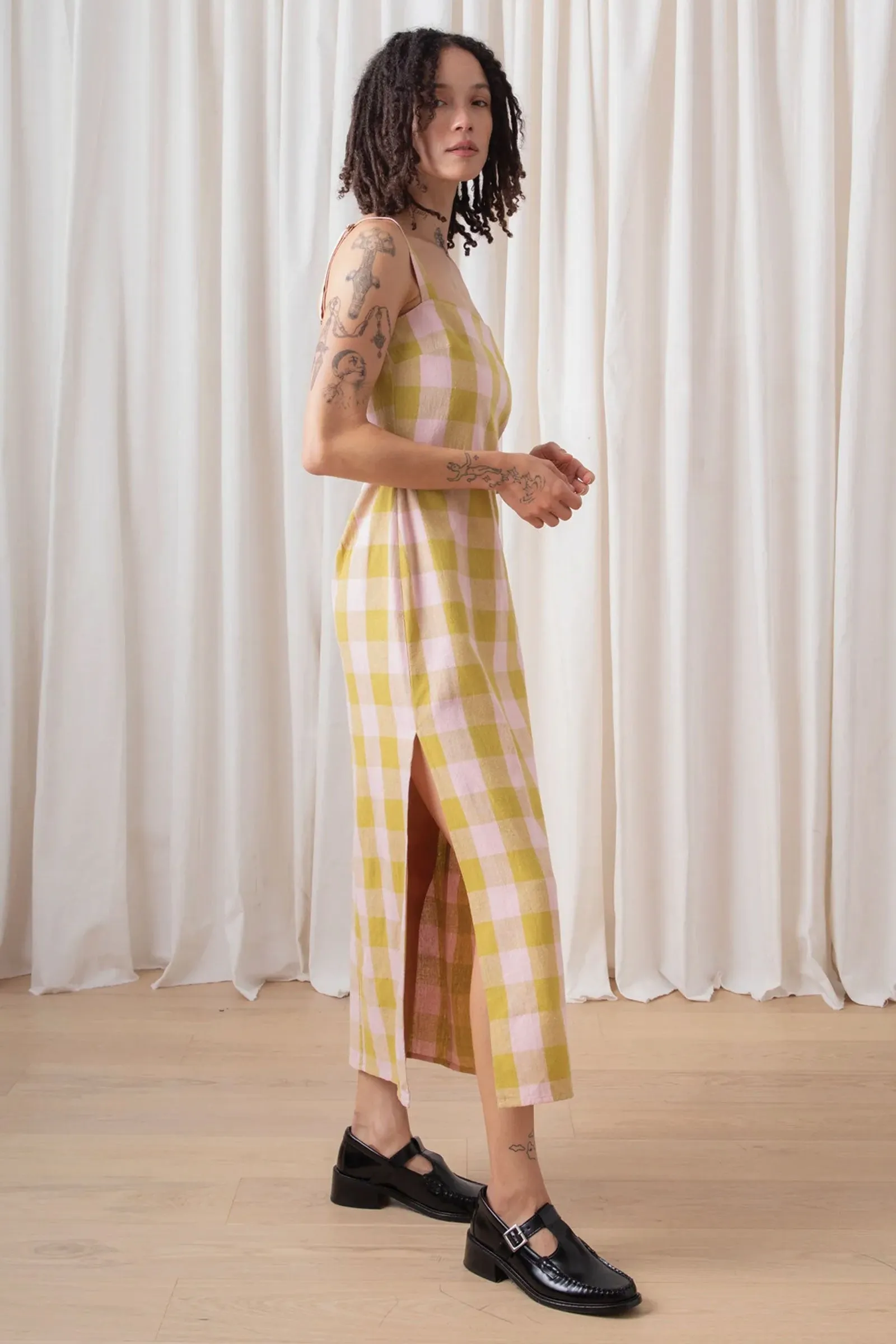Ali Golden Column Dress in Chartreuse/Pink