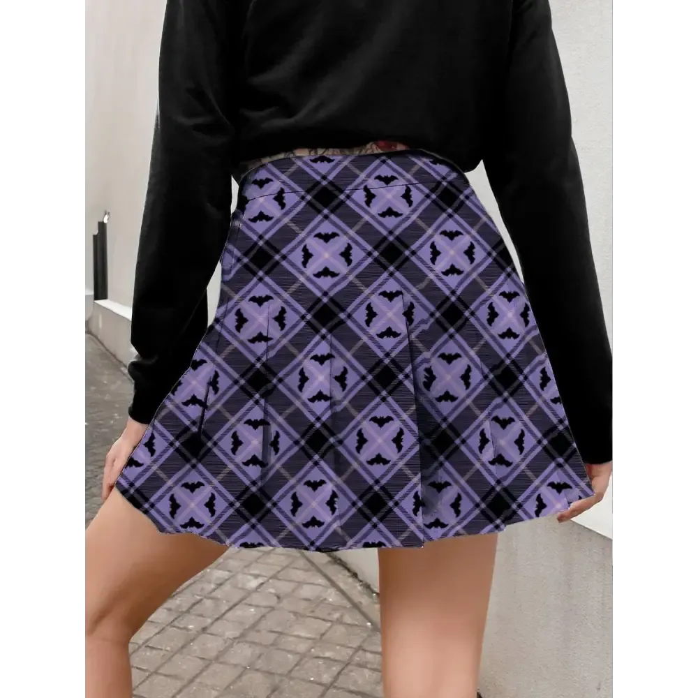 Alt Bat Plaid Pleated Skirt in Pastel Goth Style