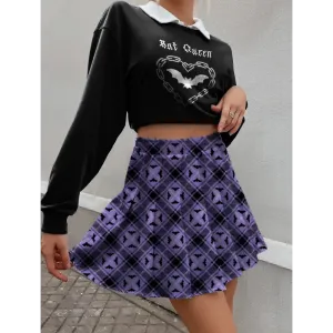 Alt Bat Plaid Pleated Skirt in Pastel Goth Style