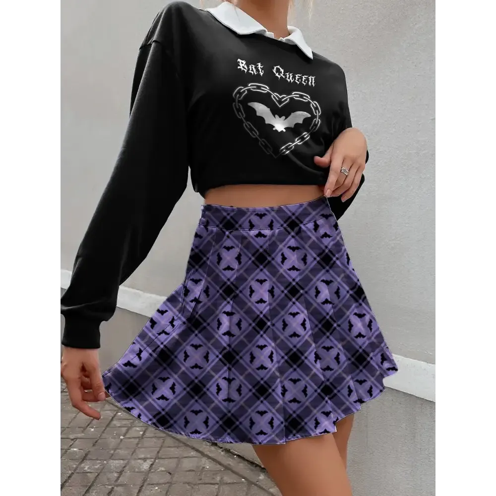 Alt Bat Plaid Pleated Skirt in Pastel Goth Style