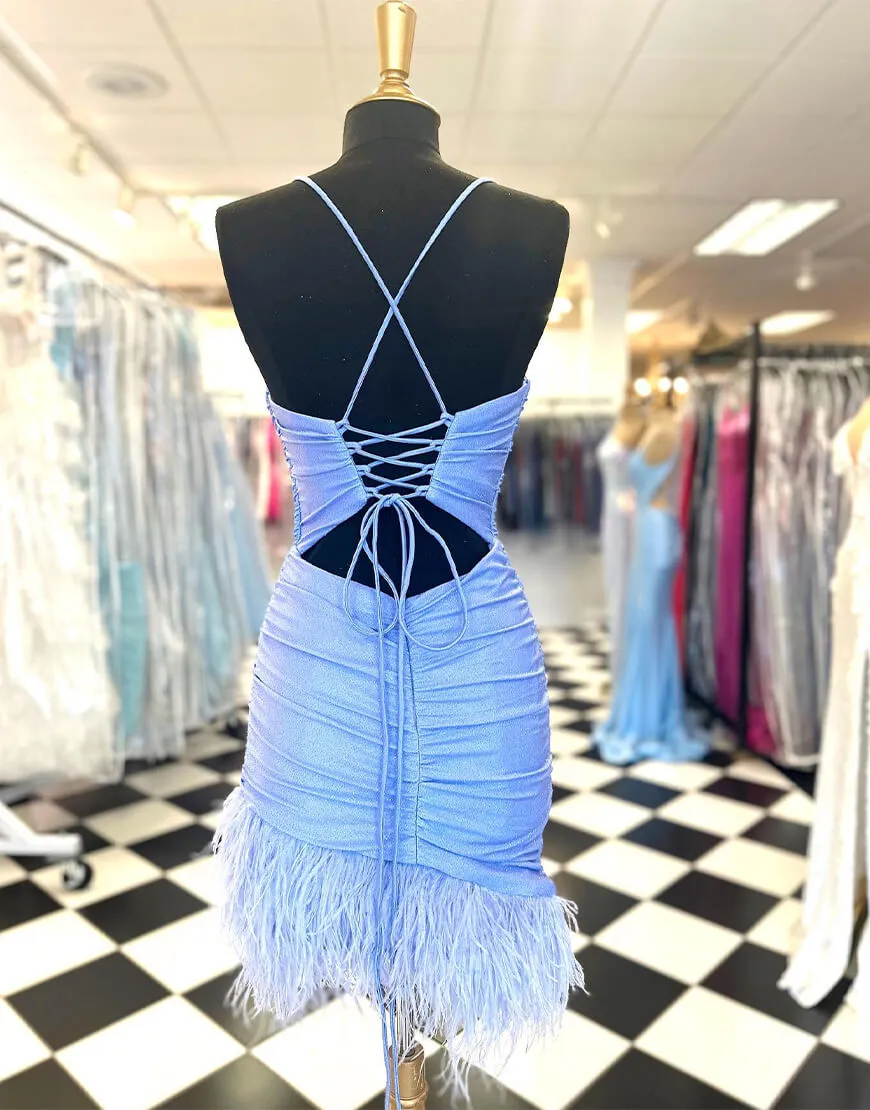 Anastasia |Sheath Blue Homecoming Dress with Feathers