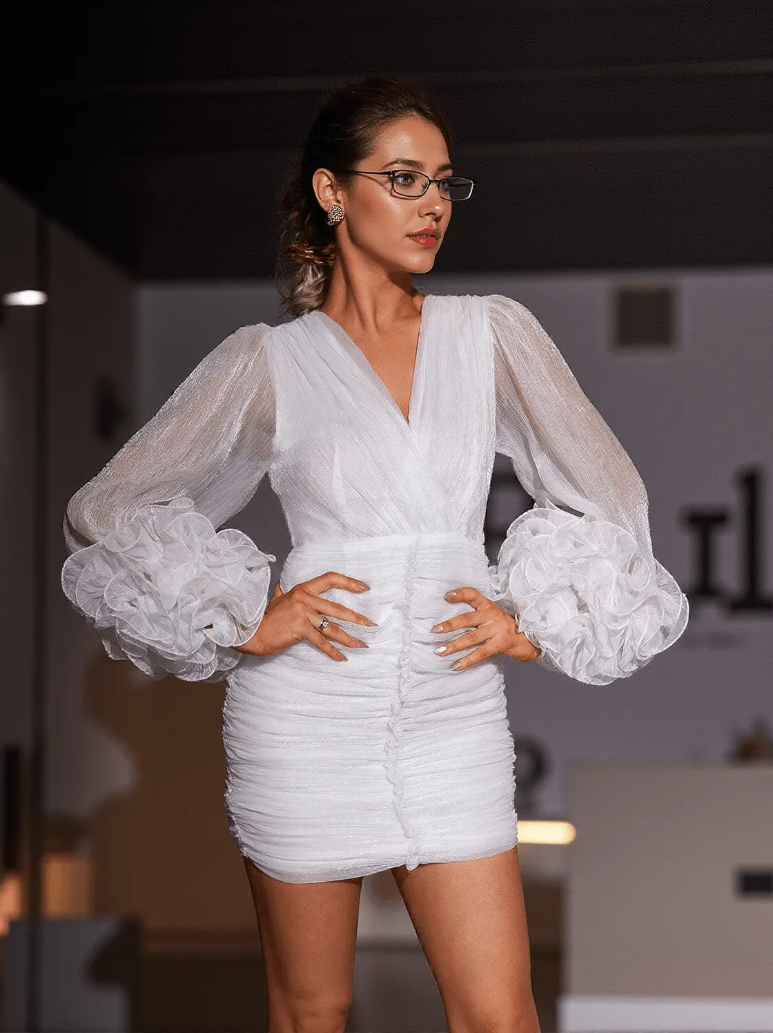 Anneline V Neck Ruched Mini Dress In White