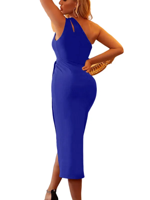 Asymmetric Sleeveless Dress with Hollow Shoulder and Ruched Detail