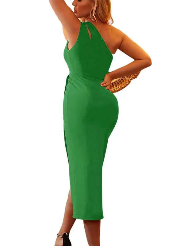 Asymmetric Sleeveless Dress with Hollow Shoulder and Ruched Detail