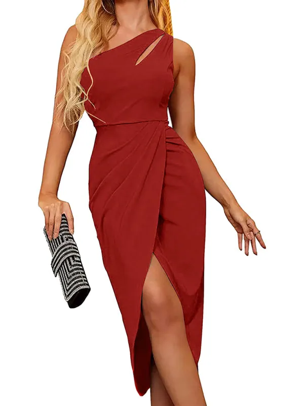 Asymmetric Sleeveless Dress with Hollow Shoulder and Ruched Detail