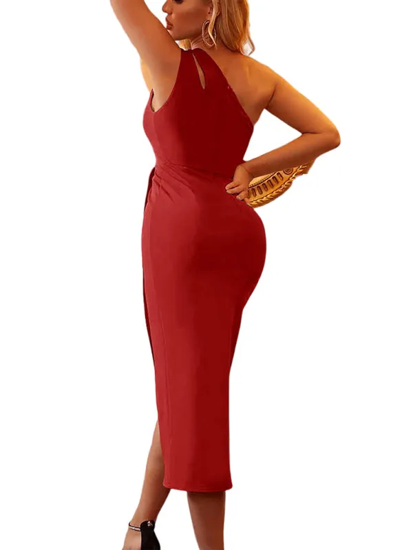Asymmetric Sleeveless Dress with Hollow Shoulder and Ruched Detail