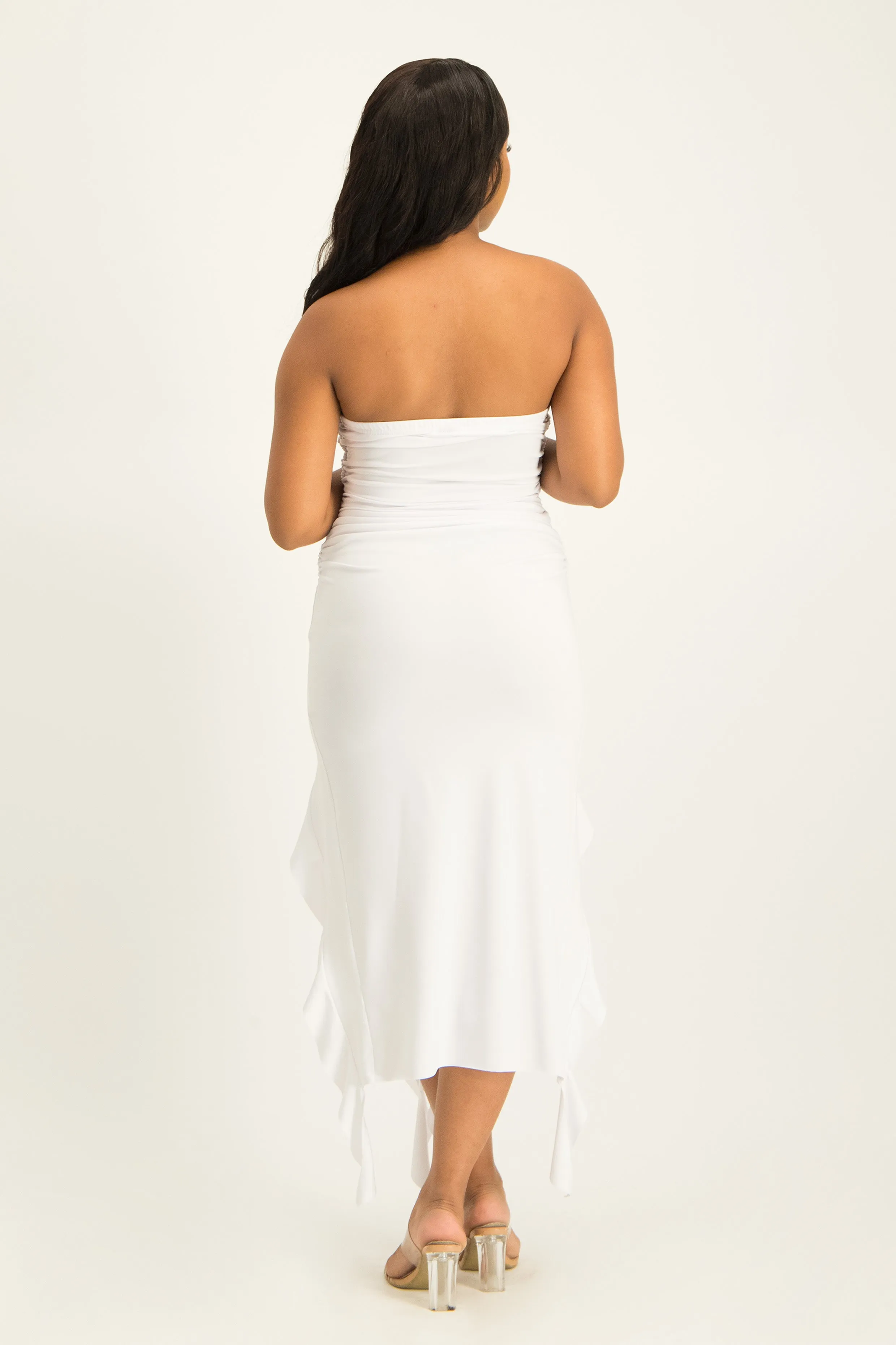 Bandeau Dress with Ruffled Double Slits