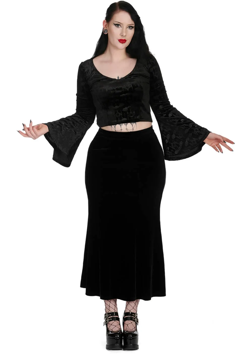 Banned Alternative Betty Rock Velvet Fishtail Skirt Black
