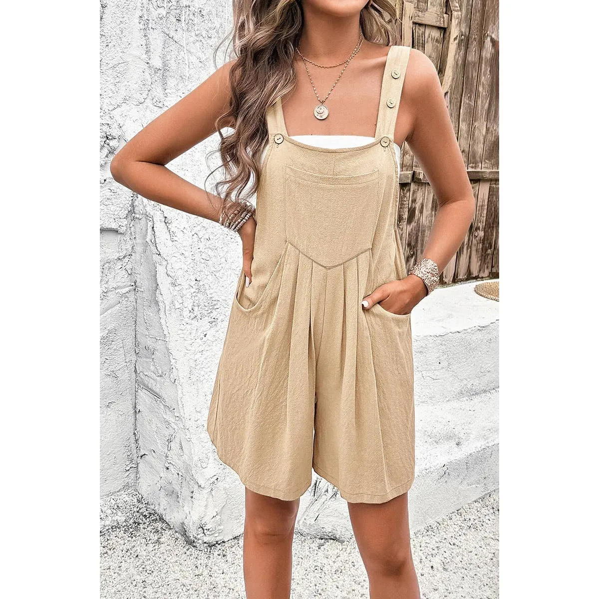 Beige Square Neck Pockets Button Tirm Ruched Romper