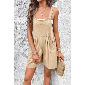 Beige Square Neck Pockets Button Tirm Ruched Romper