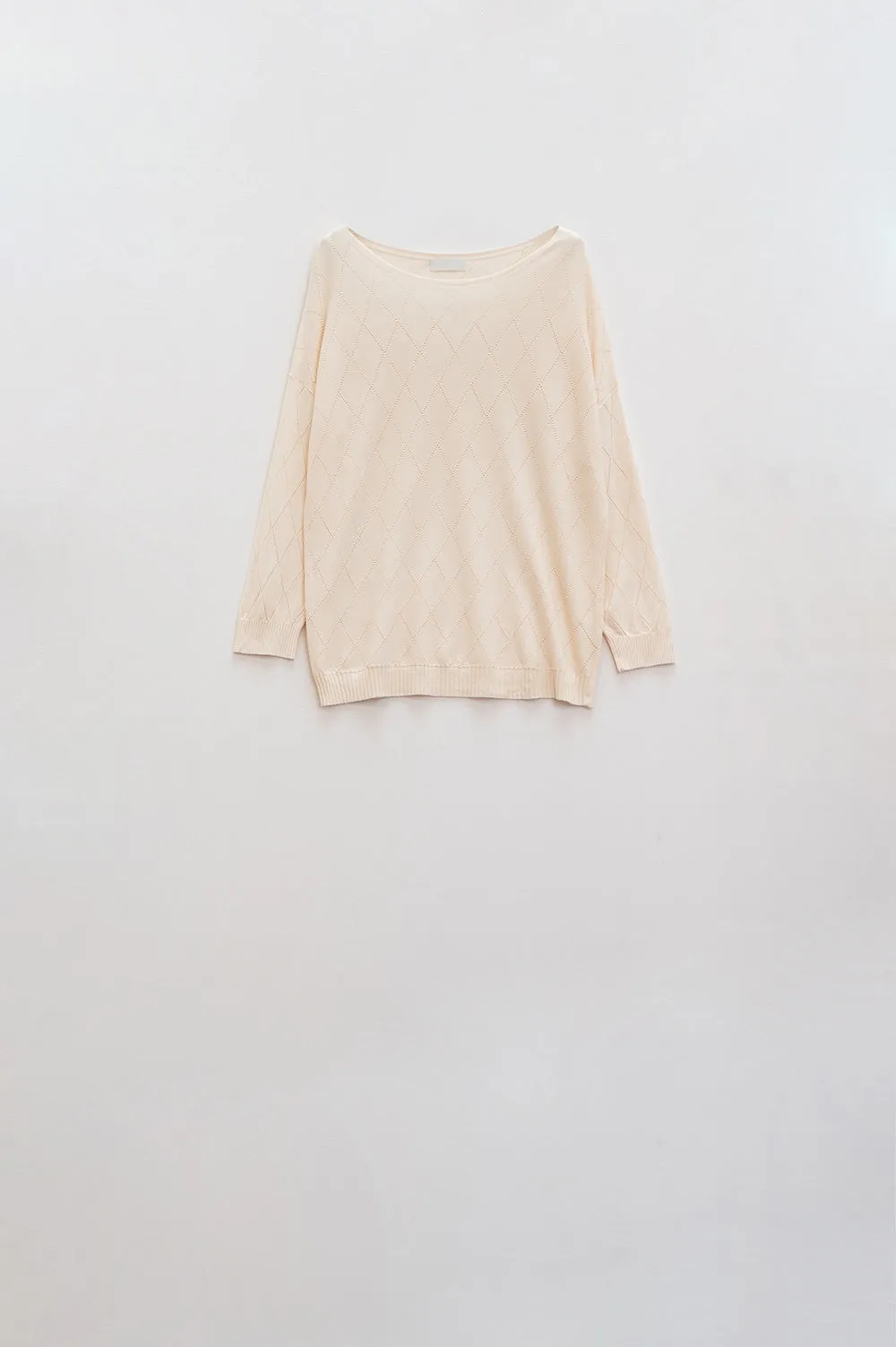 Beige Sweater In Argyle Print With Boat Neck
