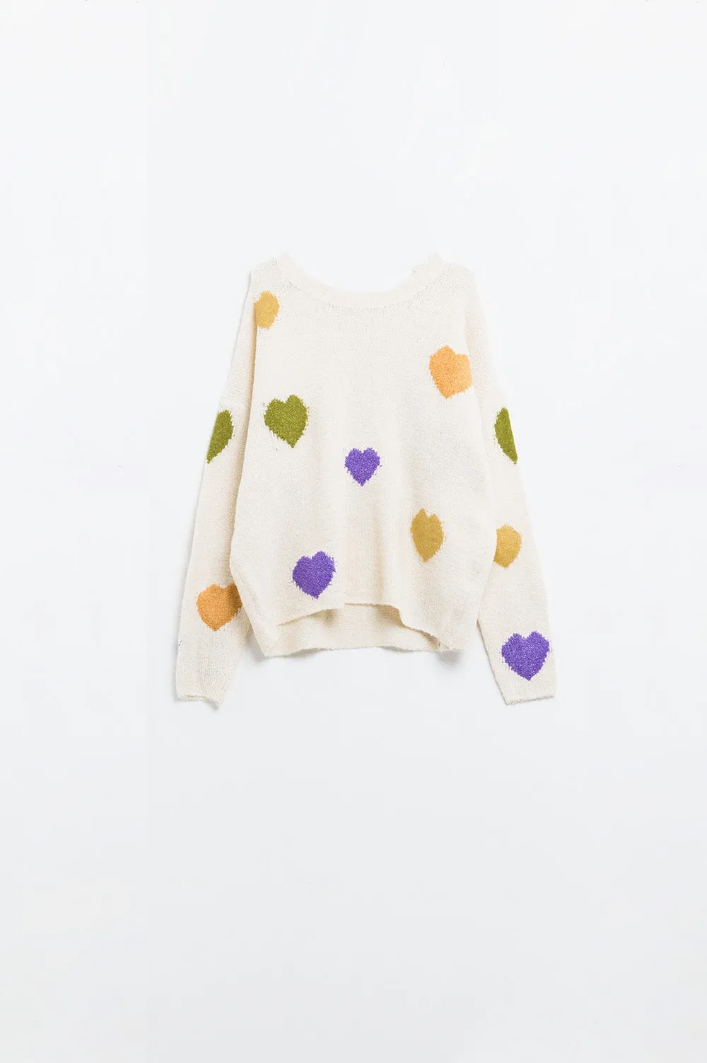 Beige sweater with boat neck and heart print