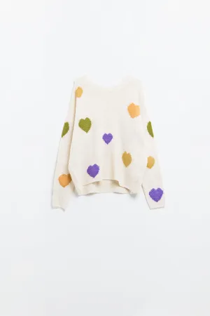 Beige sweater with boat neck and heart print