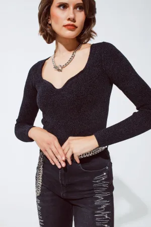 Black chenille sweetheart neck top