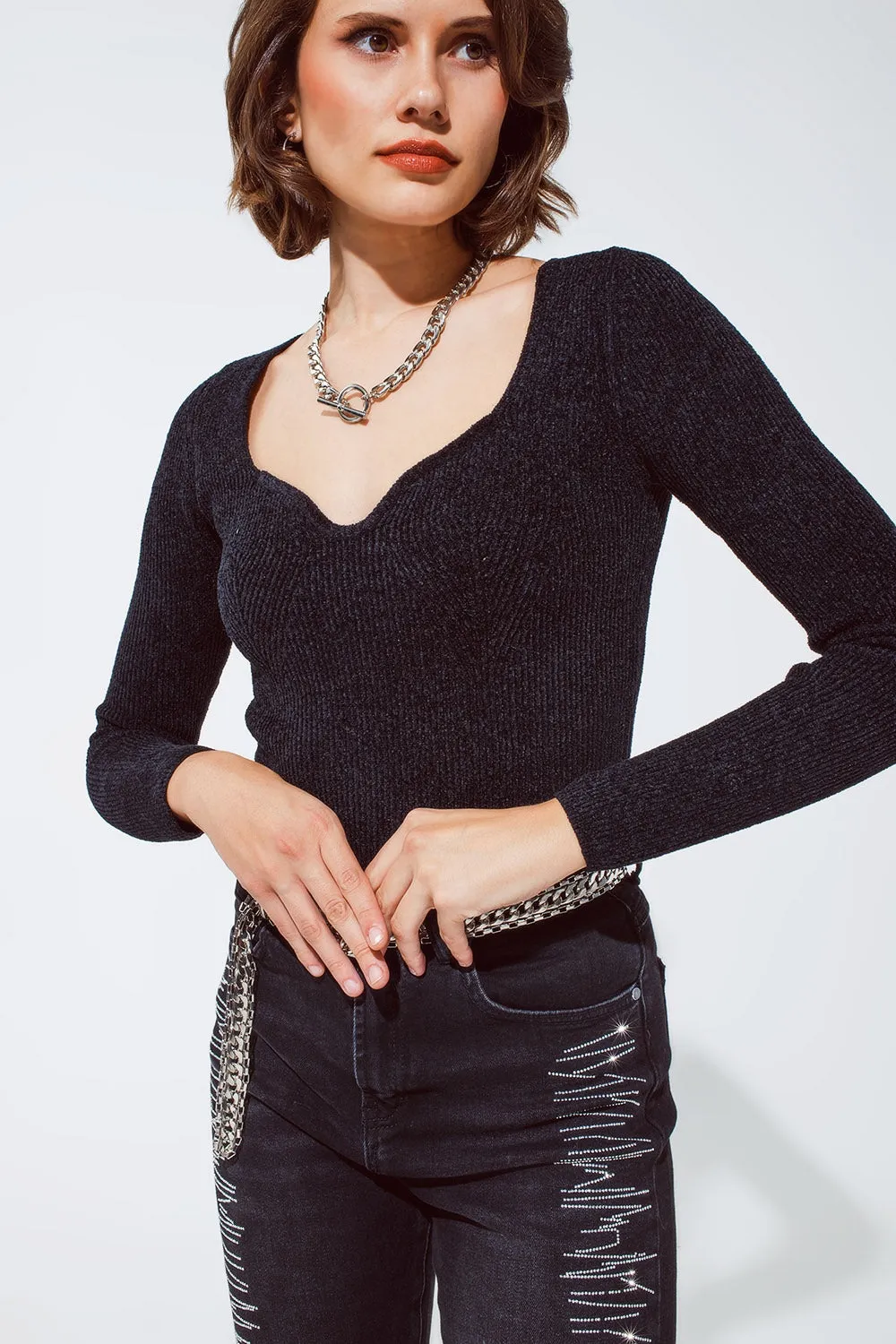 Black chenille sweetheart neck top