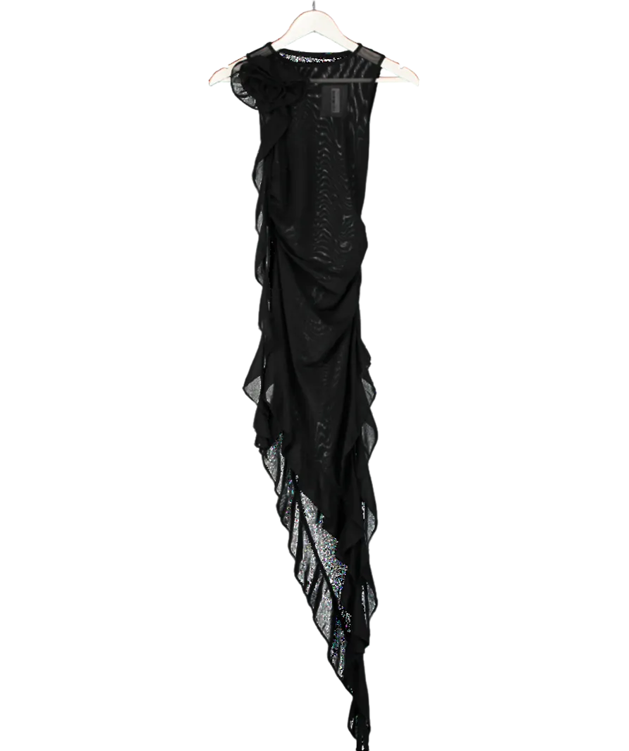 Black Mesh Ruched Dress With Corsage UK S