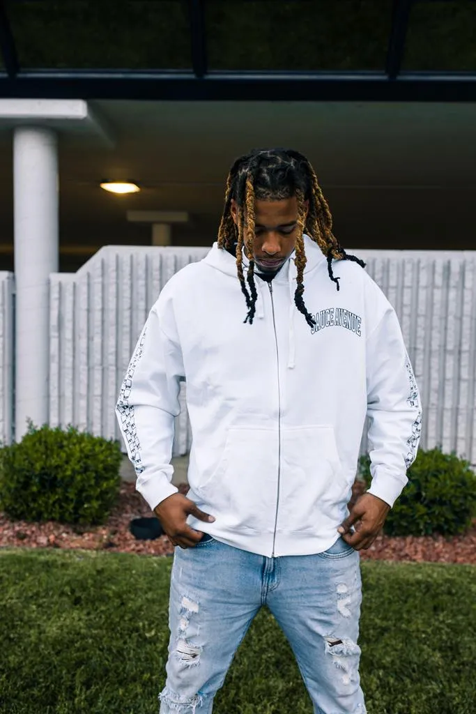 Black Outline SA Curve | White Zip Up Jacket (Outline Checkered Drippin Sleeves)