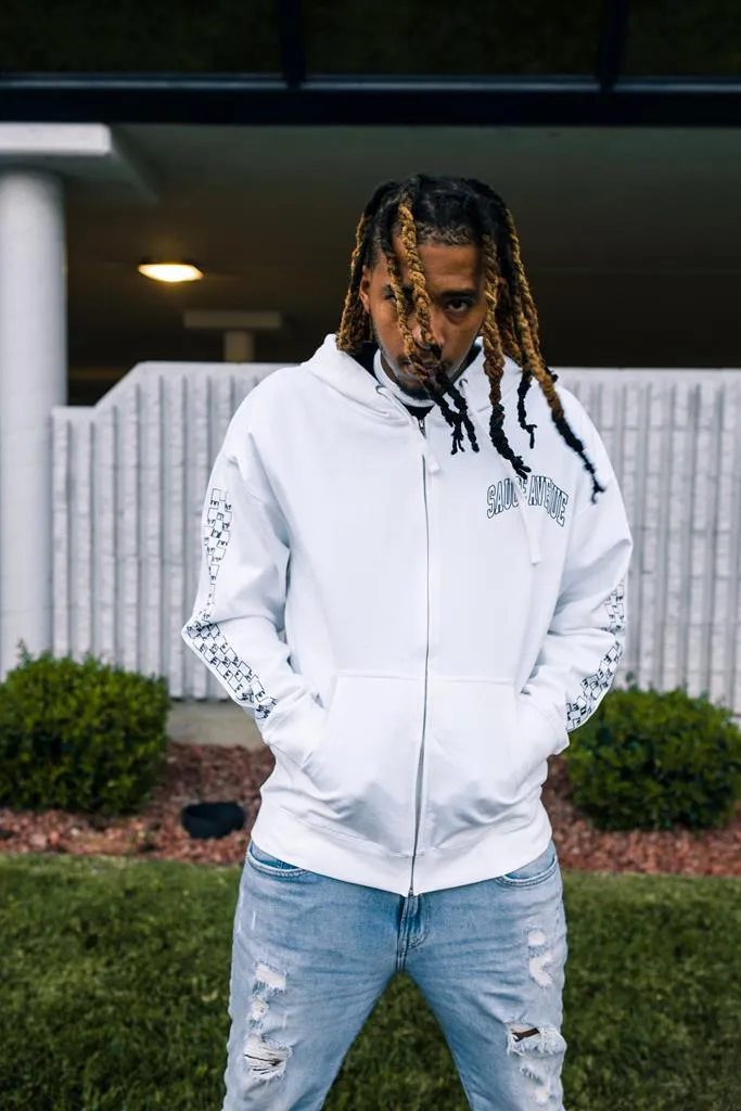Black Outline SA Curve | White Zip Up Jacket (Outline Checkered Drippin Sleeves)