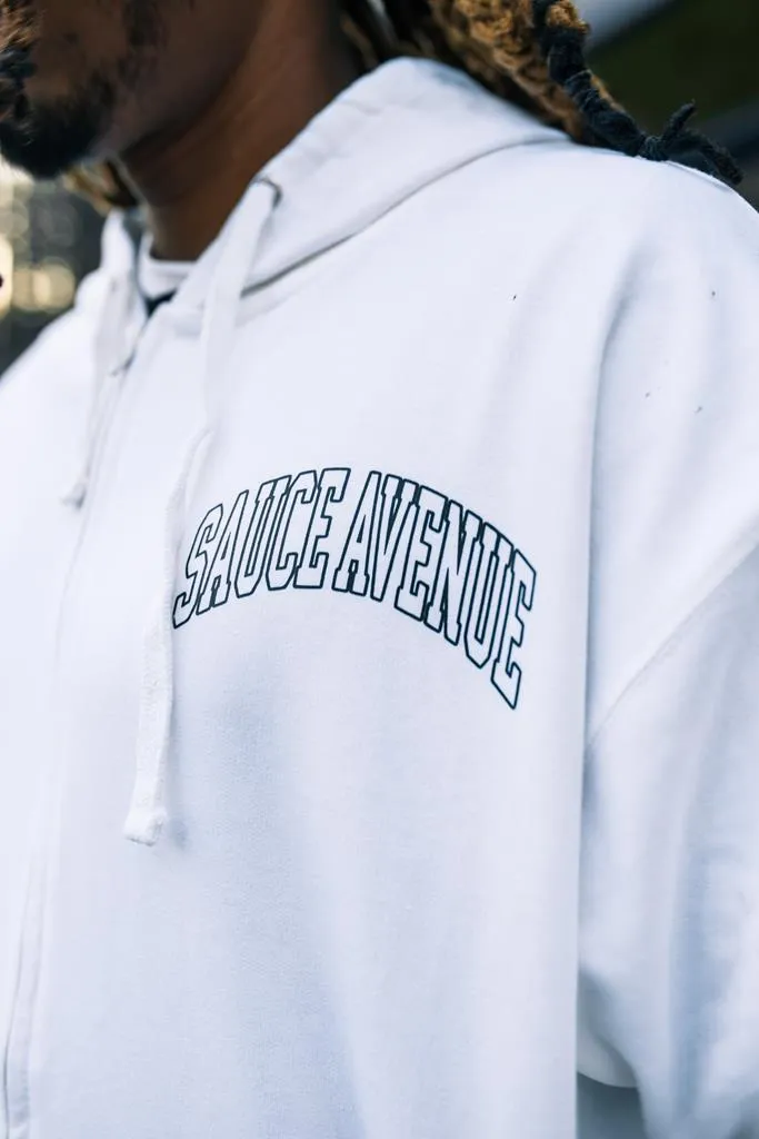 Black Outline SA Curve | White Zip Up Jacket (Outline Checkered Drippin Sleeves)