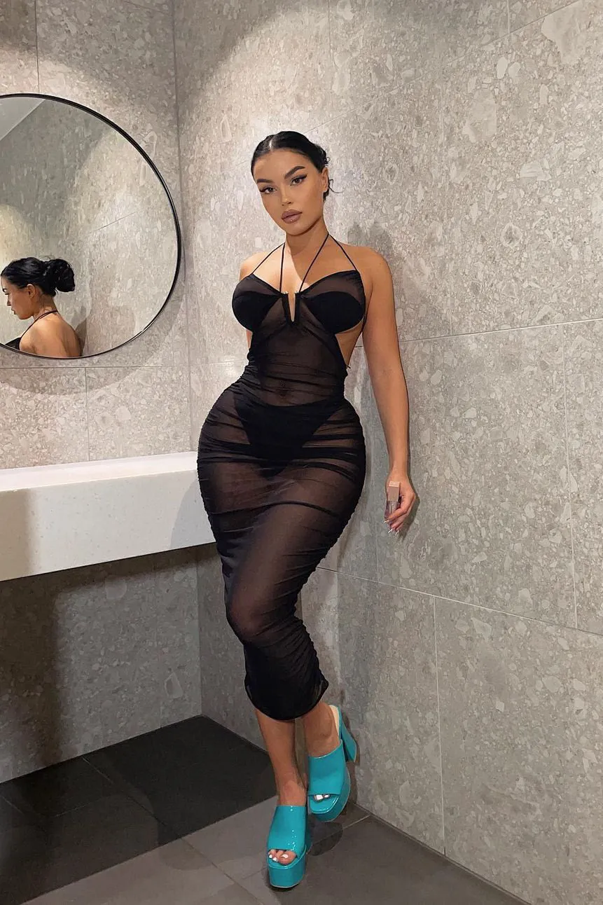 Black Sheer Mesh Ruched Halter Midi Dress