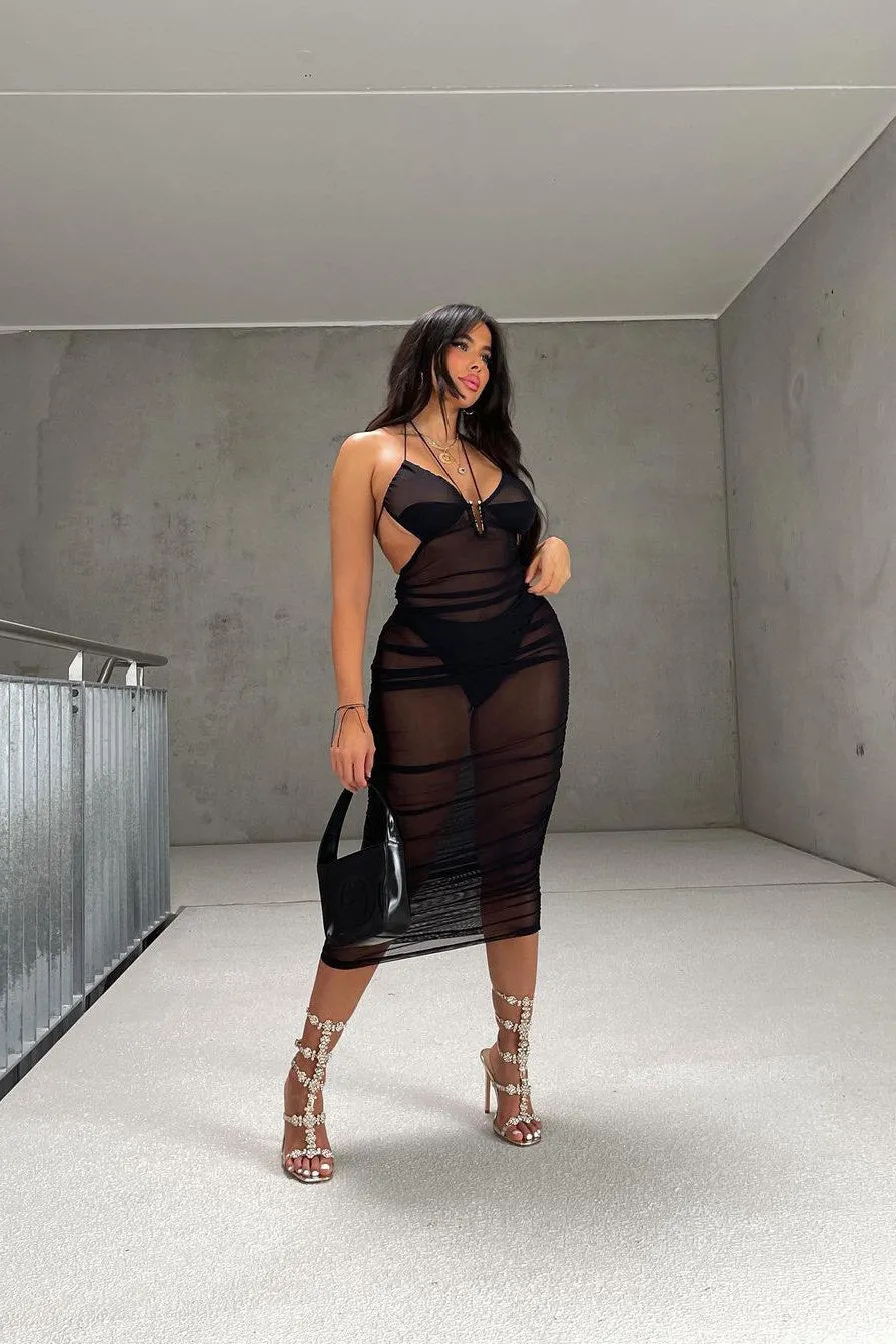 Black Sheer Mesh Ruched Halter Midi Dress
