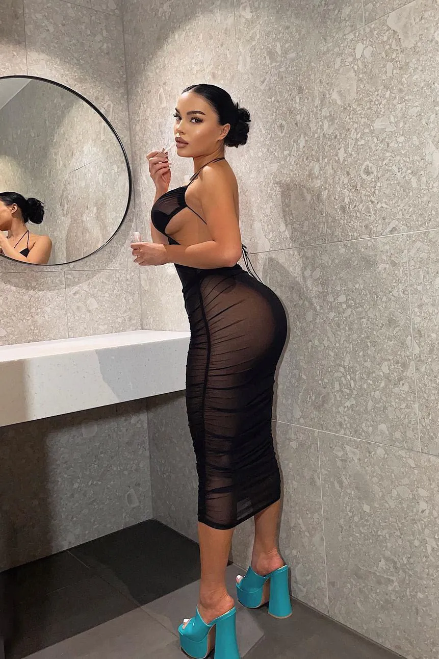 Black Sheer Mesh Ruched Halter Midi Dress