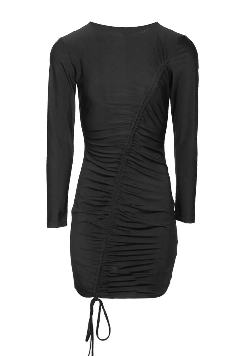 Black Slinky Long Sleeve Ruched Dress