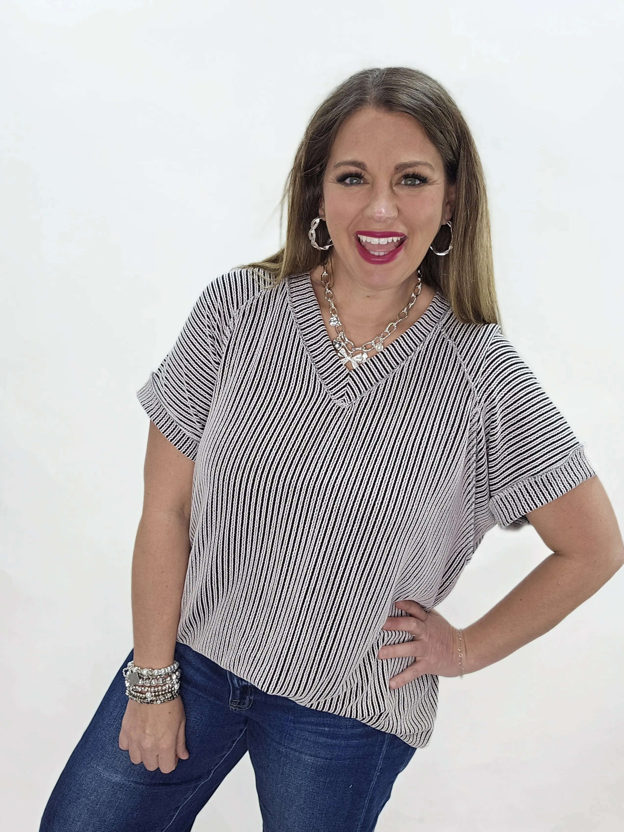 BLACK TWO TONE RAISED RIBBED V NECK TOP