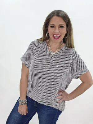 BLACK TWO TONE RAISED RIBBED V NECK TOP