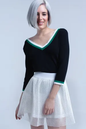 Black V-neck jersey with green and white contrast trim
