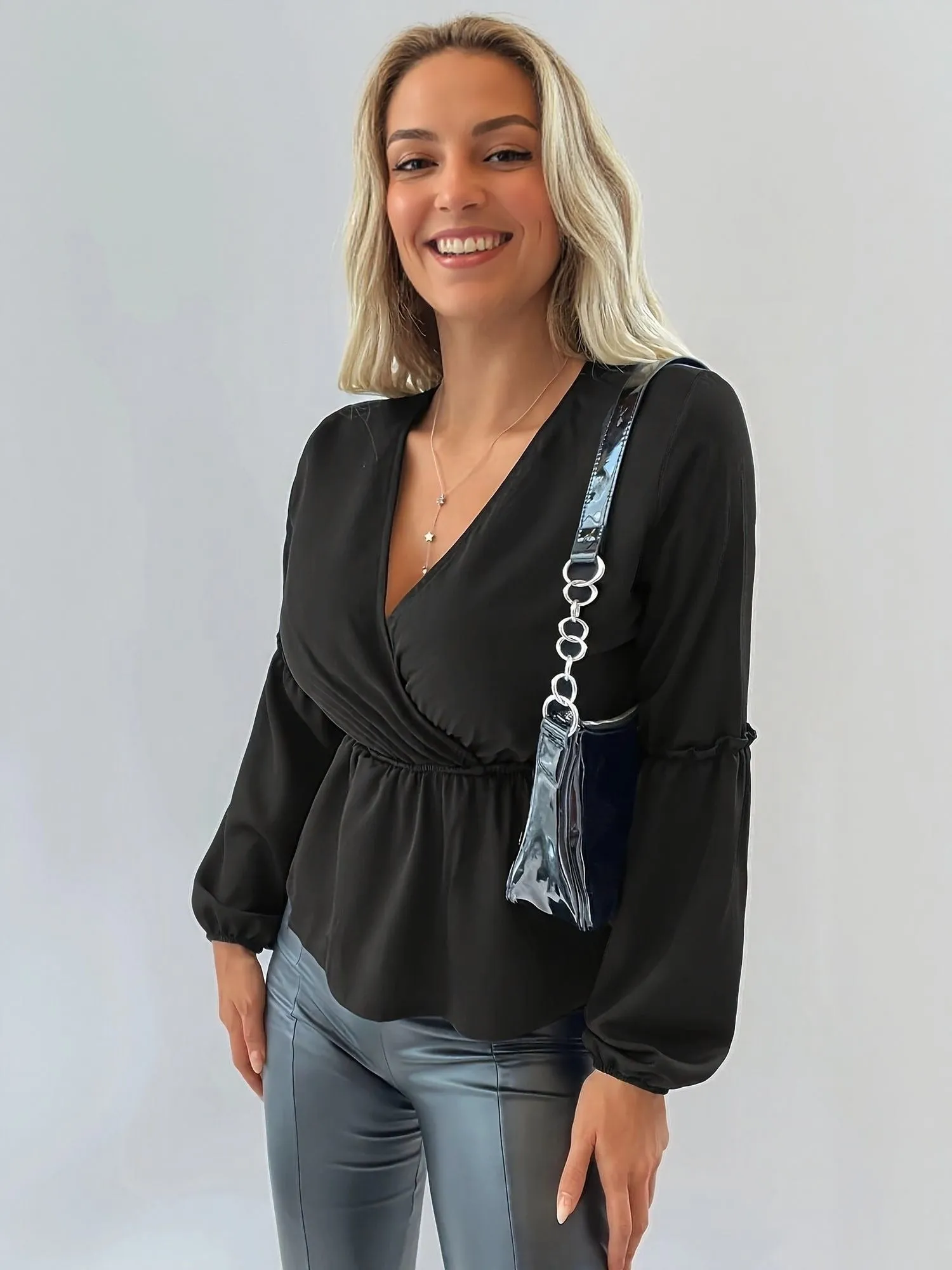 Black Wrap Peplum Satin Top
