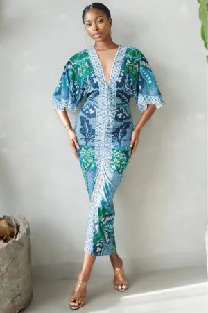 Blue Floral Front Ruched V-neck Midi Dress