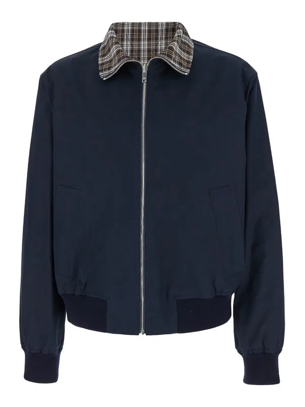 Blue Reversible Zip-Up Jacket in Bold Checked Compact Cotton Man Jackets