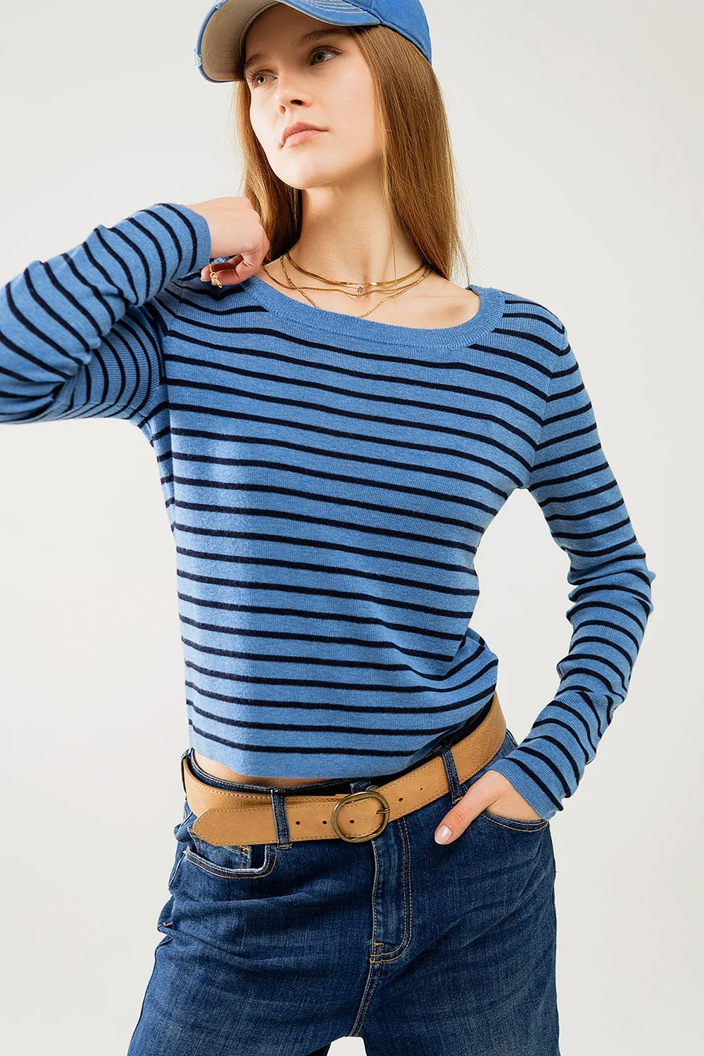 Blue striped fine knit sweater with boat neck