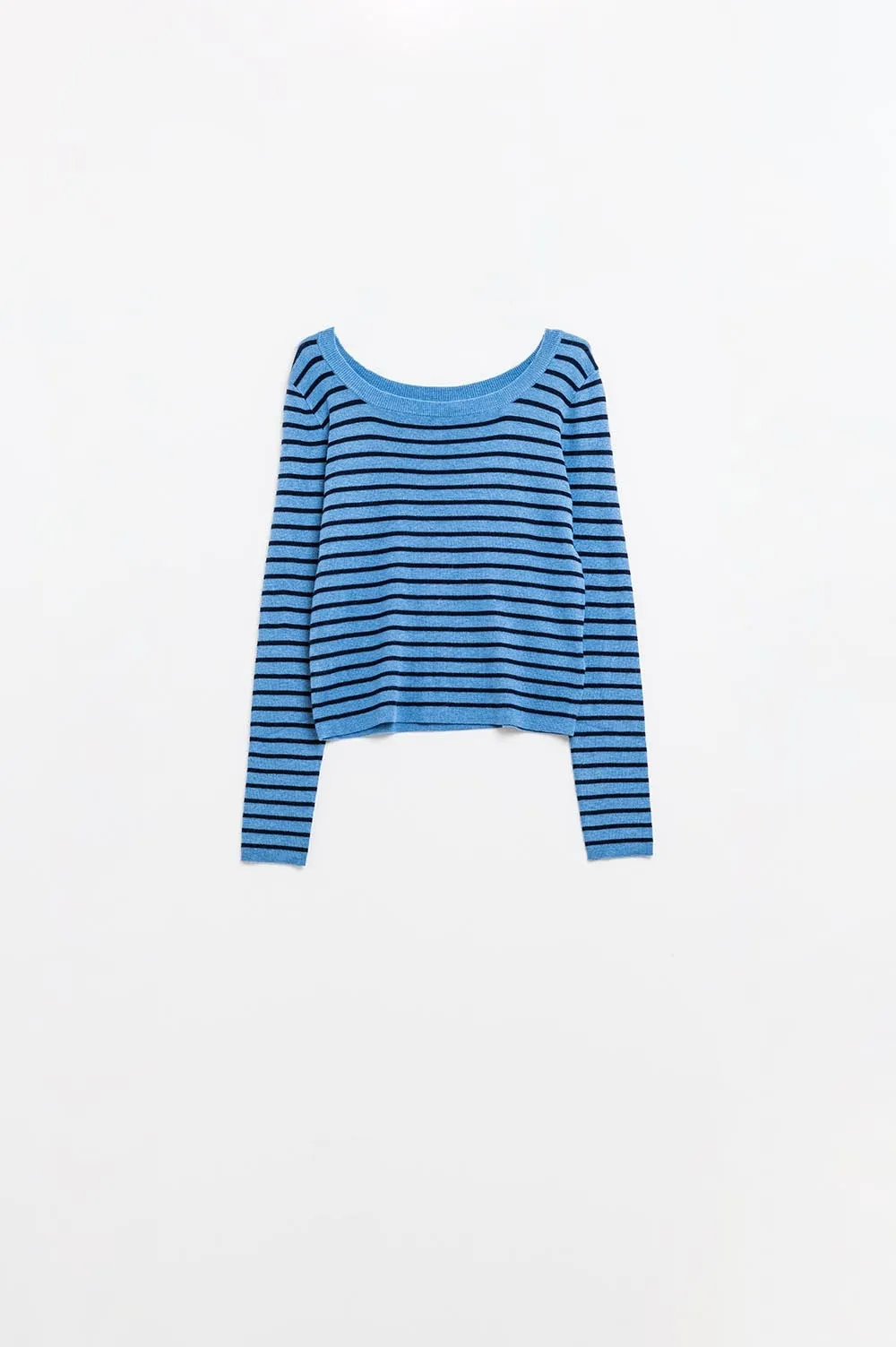 Blue striped fine knit sweater with boat neck