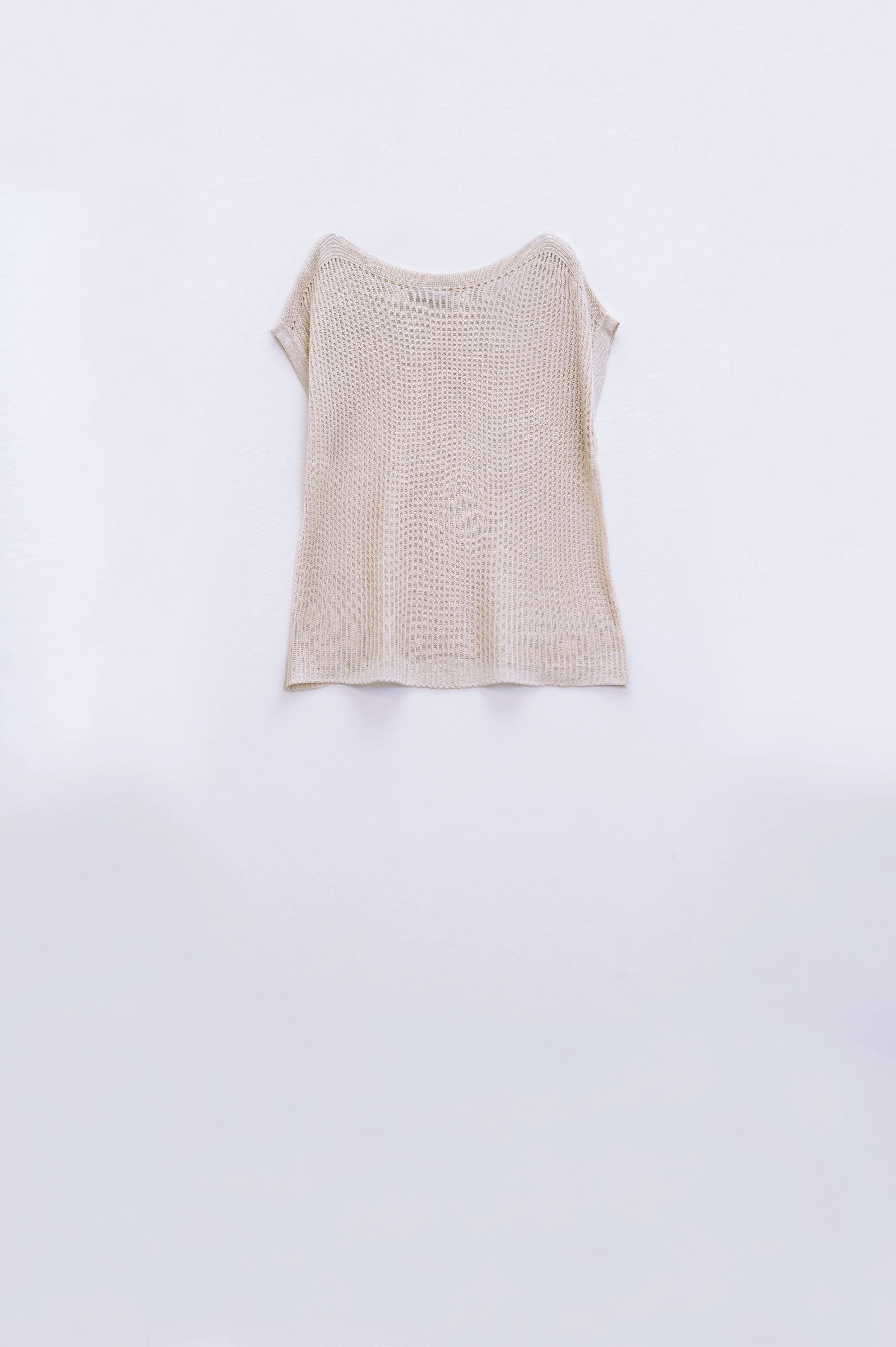 Boat Neck Ribbed Sweater With Cap Sleeves in Beige
